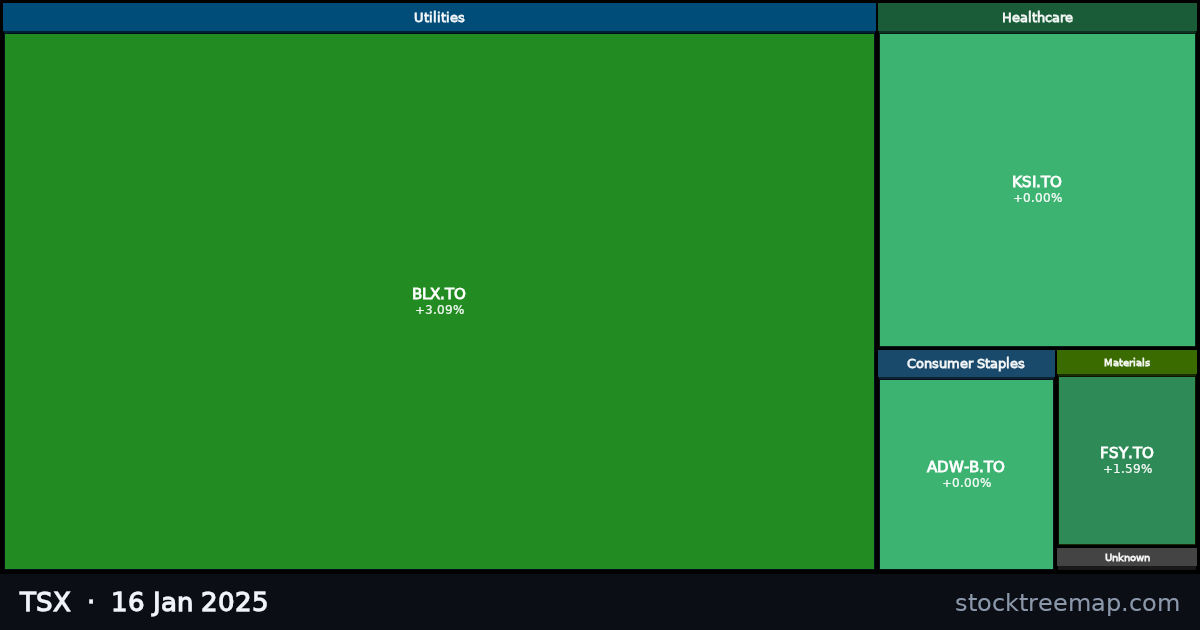 TSX treemap for Thursday, 16 January 2025: each company sized by market capitalisation and coloured by its move that day