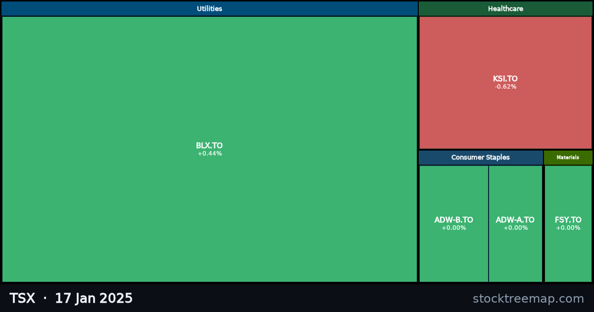TSX treemap for Friday, 17 January 2025: each company sized by market capitalisation and coloured by its move that day