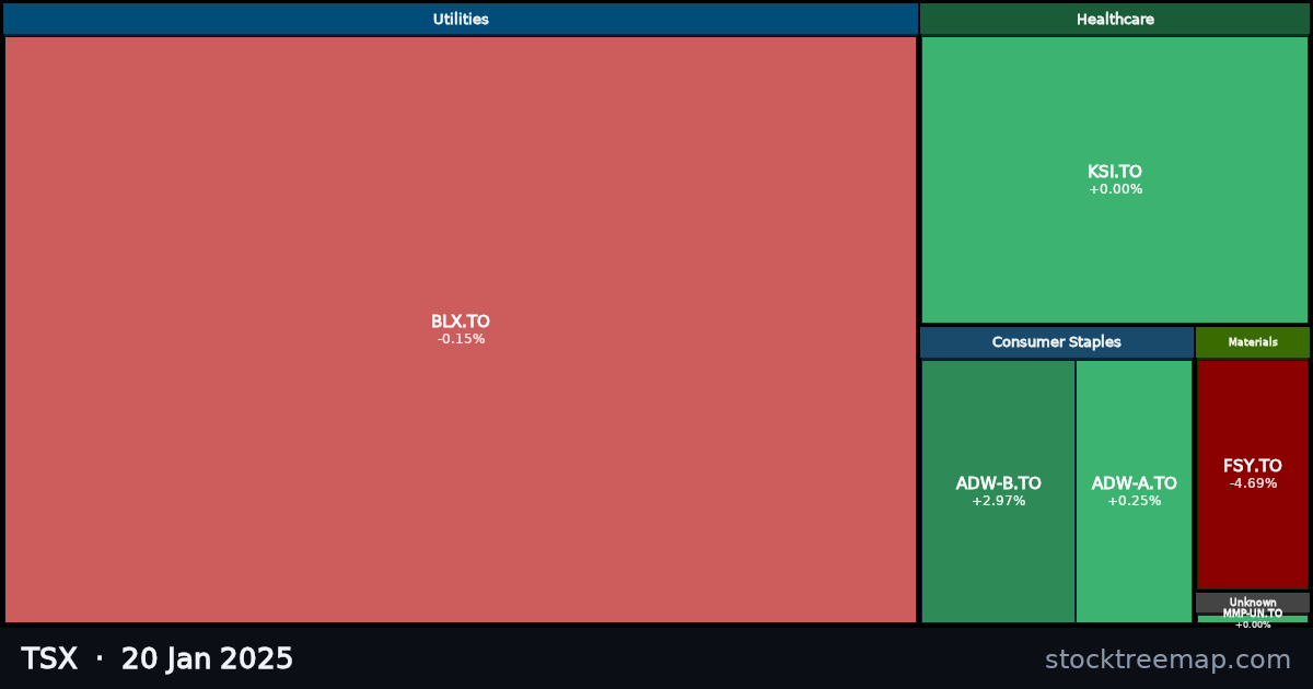 TSX treemap for Monday, 20 January 2025: each company sized by market capitalisation and coloured by its move that day