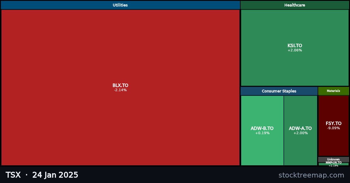TSX treemap for Friday, 24 January 2025: each company sized by market capitalisation and coloured by its move that day