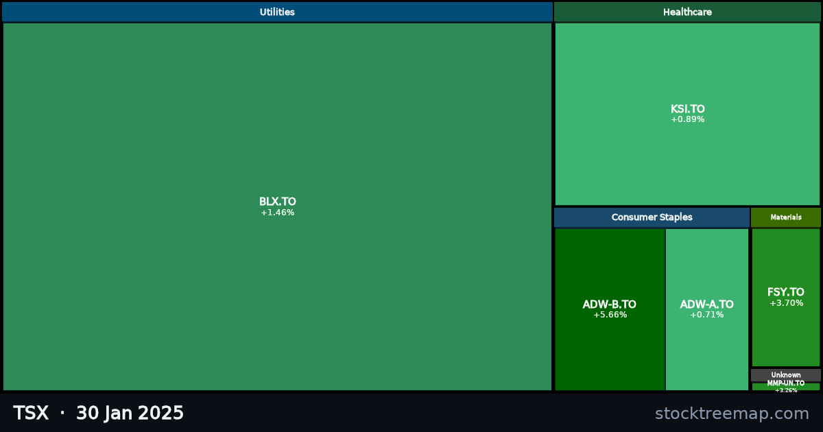 TSX treemap for Thursday, 30 January 2025: each company sized by market capitalisation and coloured by its move that day