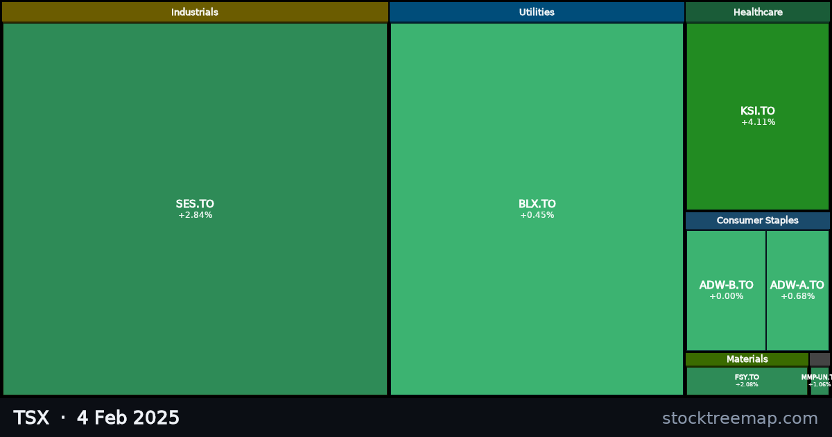 TSX treemap for Tuesday, 4 February 2025: each company sized by market capitalisation and coloured by its move that day