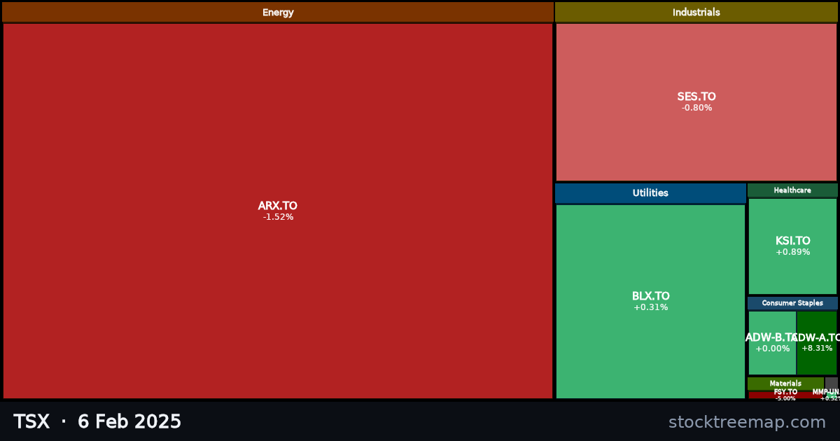 TSX treemap for Thursday, 6 February 2025: each company sized by market capitalisation and coloured by its move that day