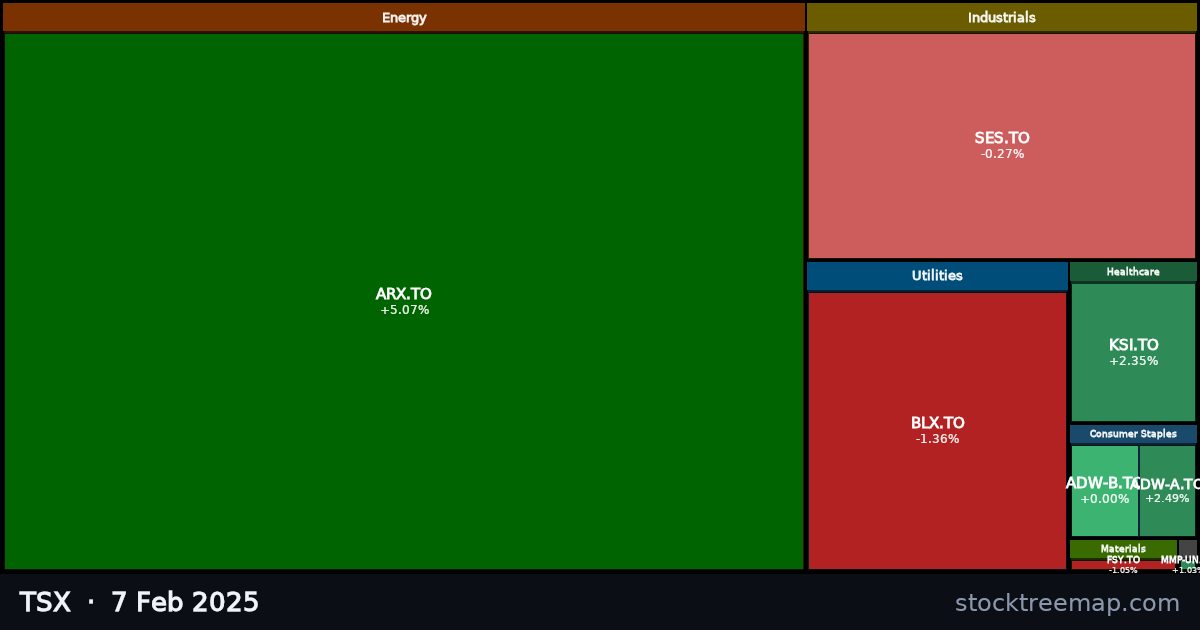 TSX treemap for Friday, 7 February 2025: each company sized by market capitalisation and coloured by its move that day