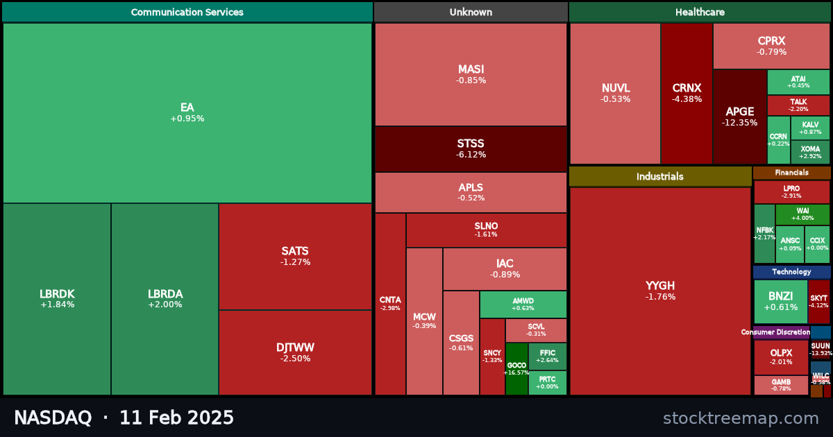 NASDAQ treemap for Tuesday, 11 February 2025: each company sized by market capitalisation and coloured by its move that day