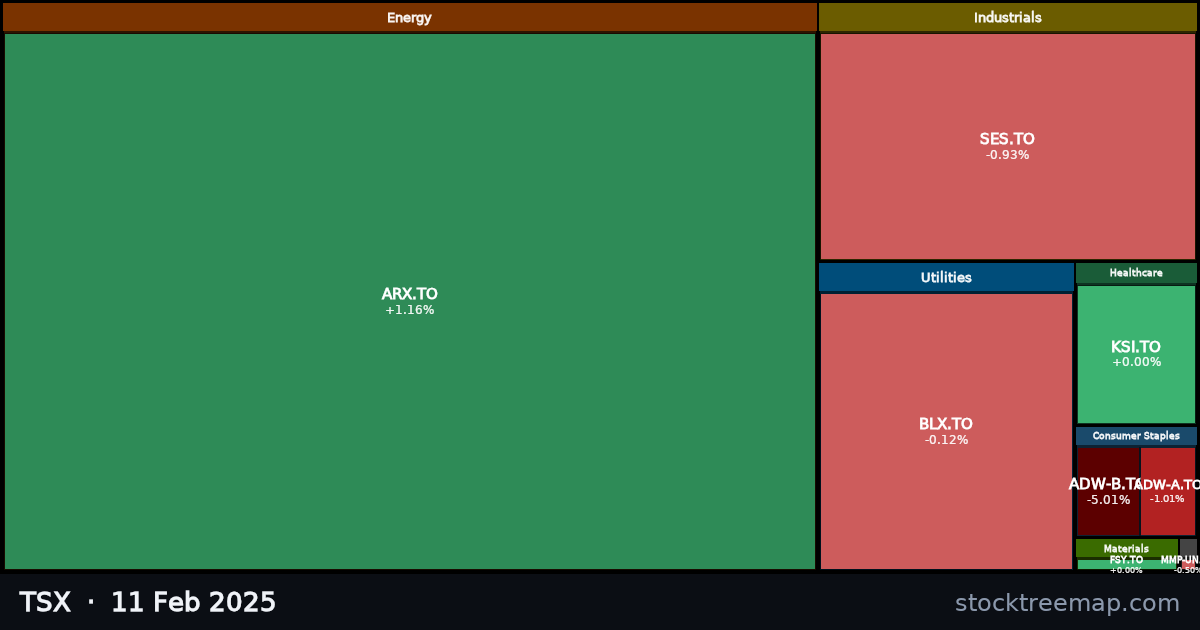 TSX treemap for Tuesday, 11 February 2025: each company sized by market capitalisation and coloured by its move that day
