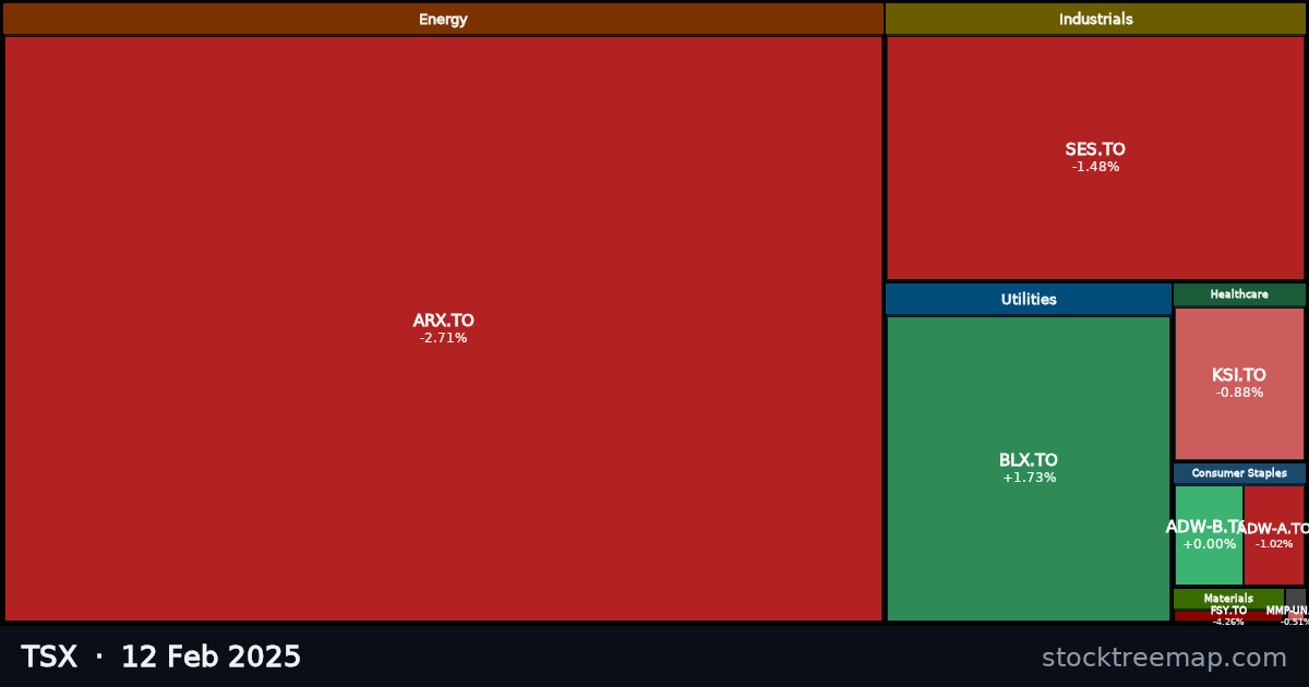 TSX treemap for Wednesday, 12 February 2025: each company sized by market capitalisation and coloured by its move that day