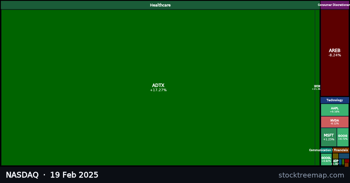 NASDAQ treemap for Wednesday, 19 February 2025: each company sized by market capitalisation and coloured by its move that day