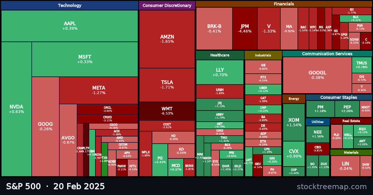 S&P 500 treemap for Thursday, 20 February 2025: each company sized by market capitalisation and coloured by its move that day