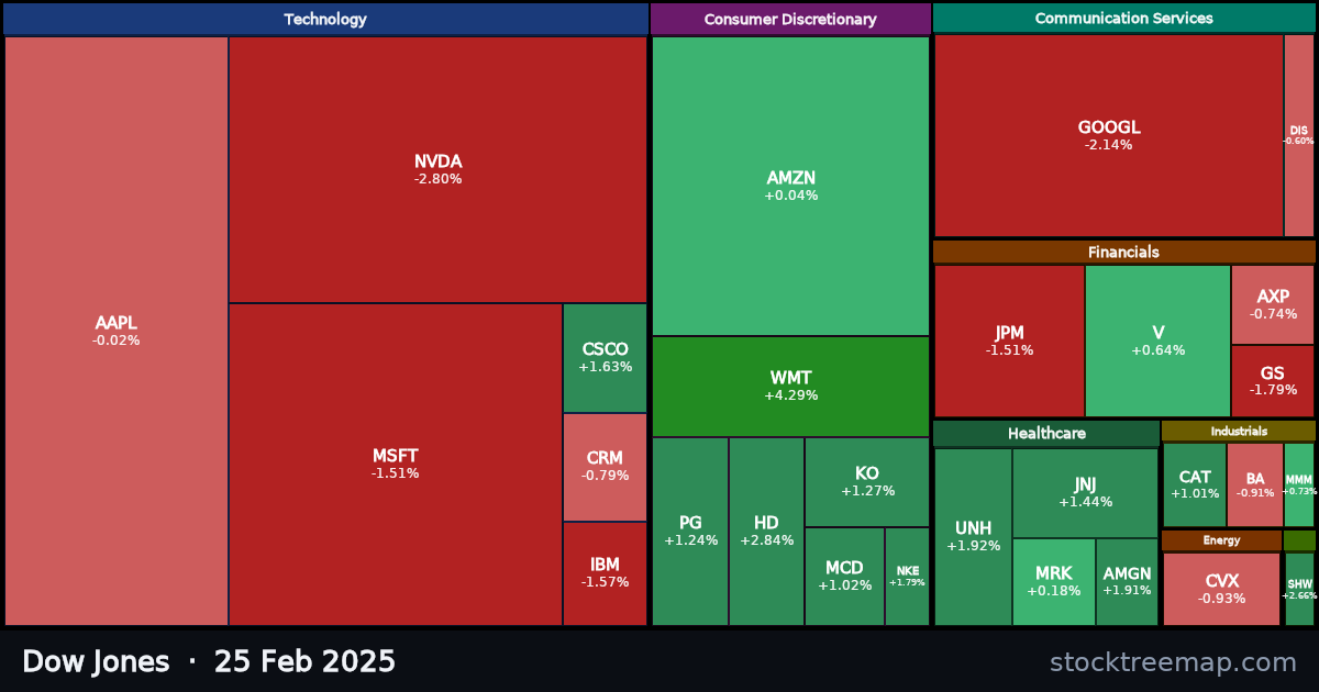 Dow Jones treemap for Tuesday, 25 February 2025: each company sized by market capitalisation and coloured by its move that day