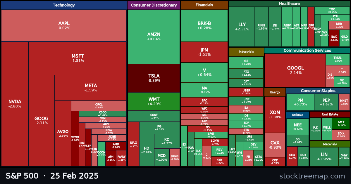 S&P 500 treemap for Tuesday, 25 February 2025: each company sized by market capitalisation and coloured by its move that day