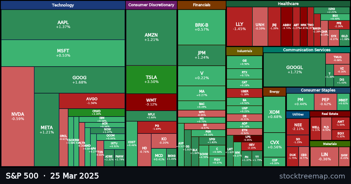 S&P 500 treemap for Tuesday, 25 March 2025: each company sized by market capitalisation and coloured by its move that day