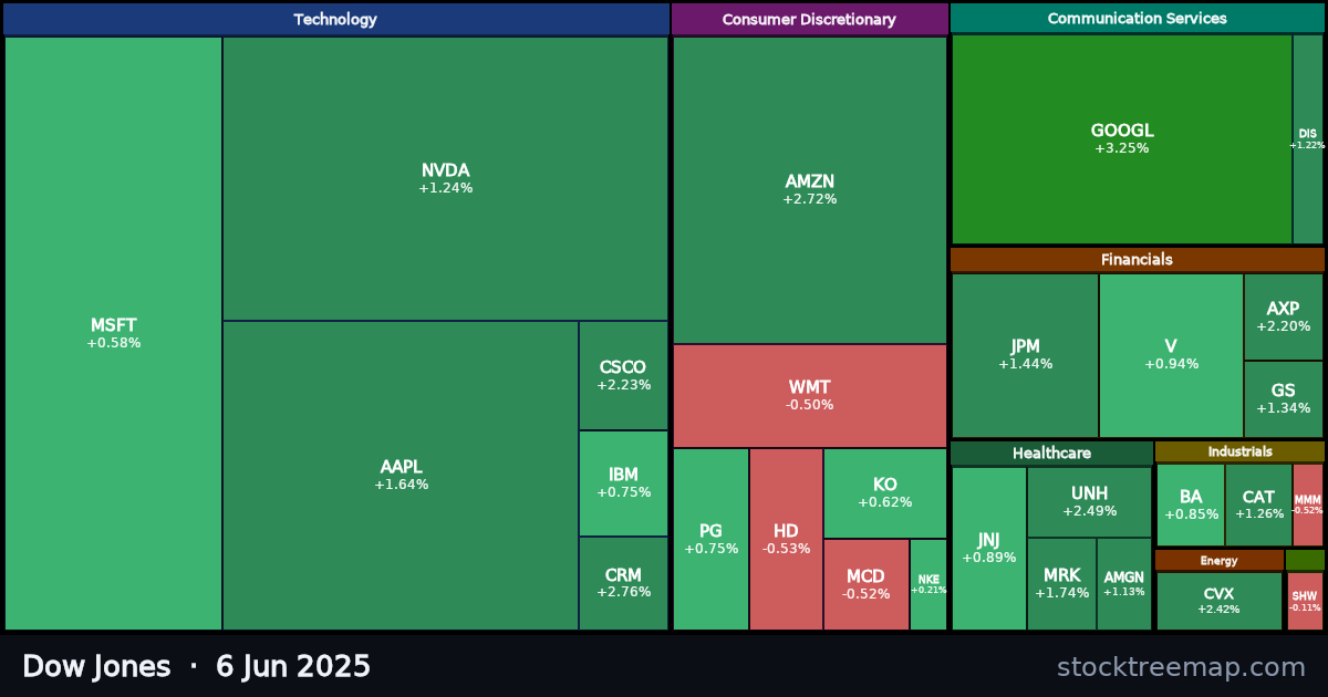 Dow Jones treemap for Friday, 6 June 2025: each company sized by market capitalisation and coloured by its move that day