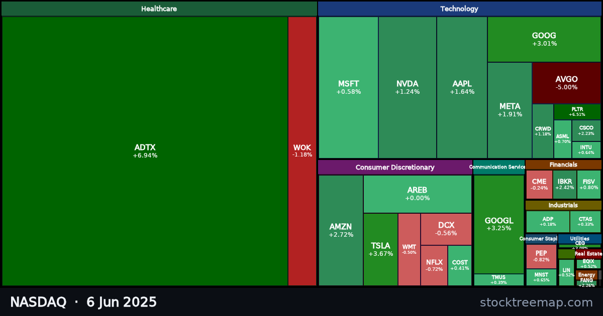 NASDAQ treemap for Friday, 6 June 2025: each company sized by market capitalisation and coloured by its move that day