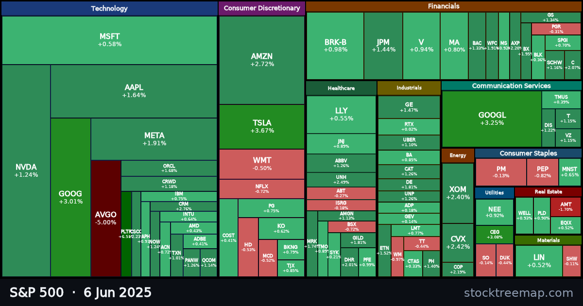 S&P 500 treemap for Friday, 6 June 2025: each company sized by market capitalisation and coloured by its move that day