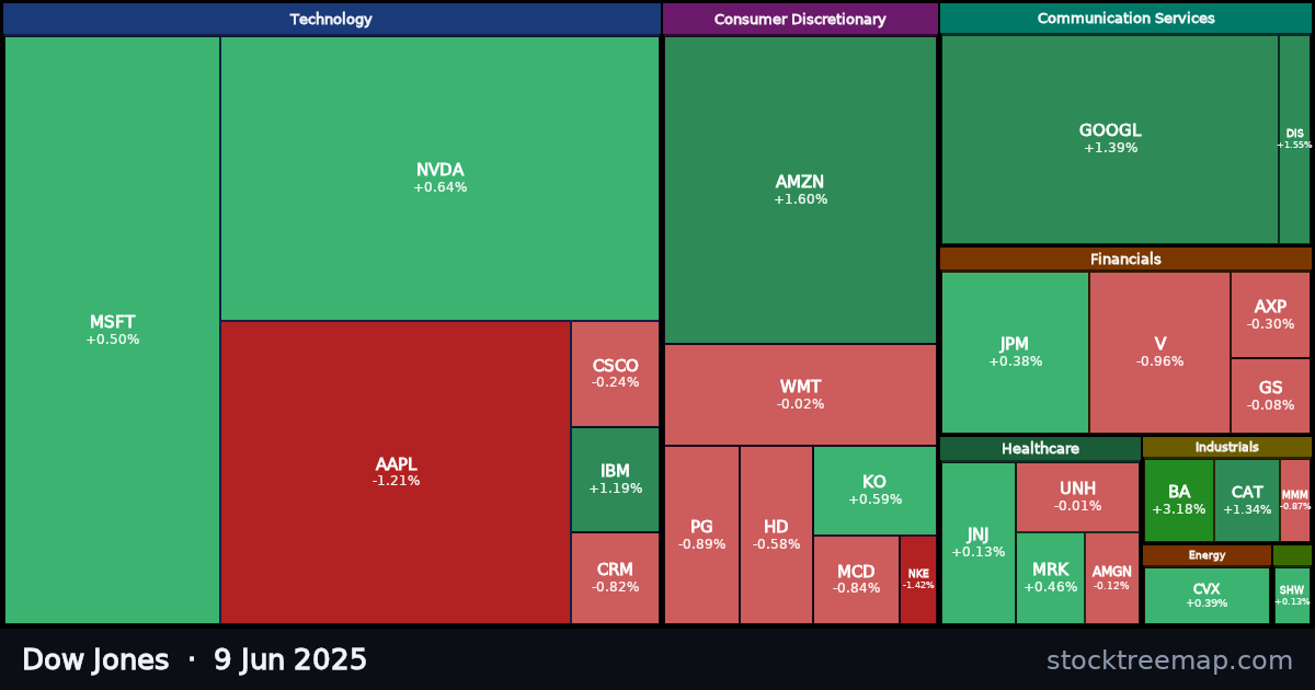 Dow Jones treemap for Monday, 9 June 2025: each company sized by market capitalisation and coloured by its move that day