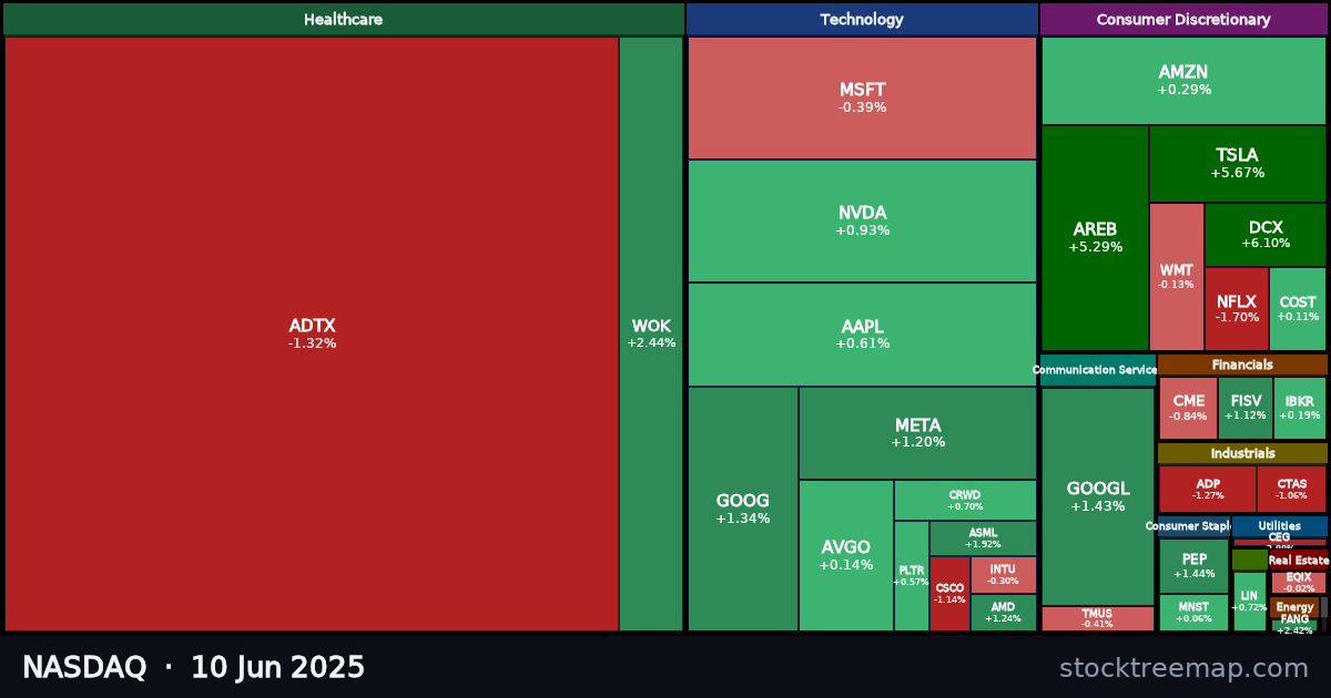 NASDAQ treemap for Tuesday, 10 June 2025: each company sized by market capitalisation and coloured by its move that day