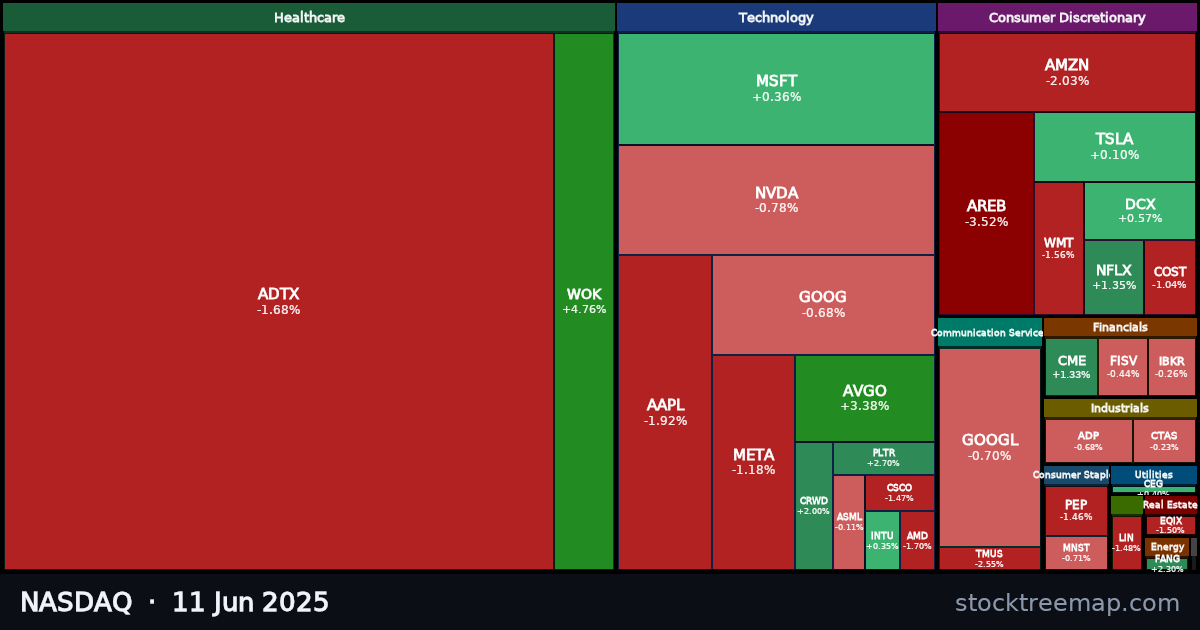 NASDAQ treemap for Wednesday, 11 June 2025: each company sized by market capitalisation and coloured by its move that day