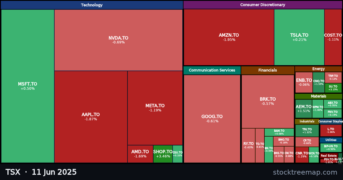 TSX treemap for Wednesday, 11 June 2025: each company sized by market capitalisation and coloured by its move that day
