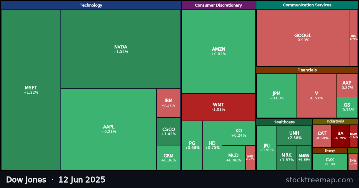 Dow Jones treemap for Thursday, 12 June 2025: each company sized by market capitalisation and coloured by its move that day