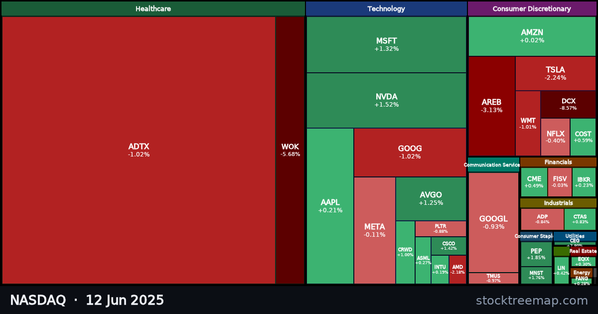 NASDAQ treemap for Thursday, 12 June 2025: each company sized by market capitalisation and coloured by its move that day