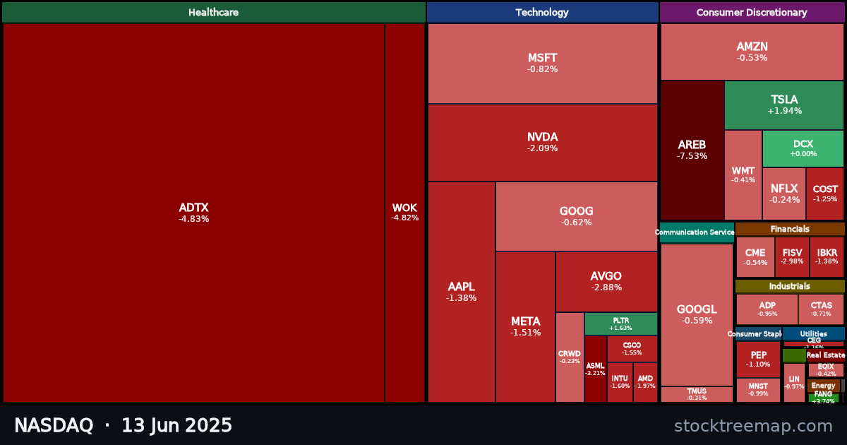 NASDAQ treemap for Friday, 13 June 2025: each company sized by market capitalisation and coloured by its move that day