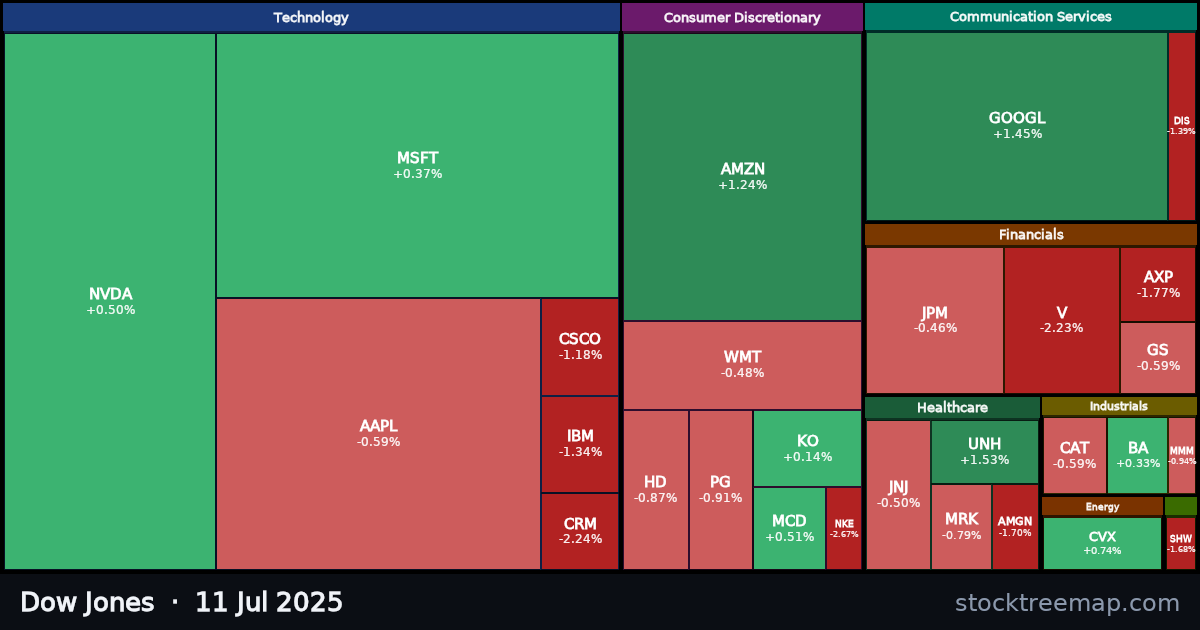 Dow Jones treemap for Friday, 11 July 2025: each company sized by market capitalisation and coloured by its move that day