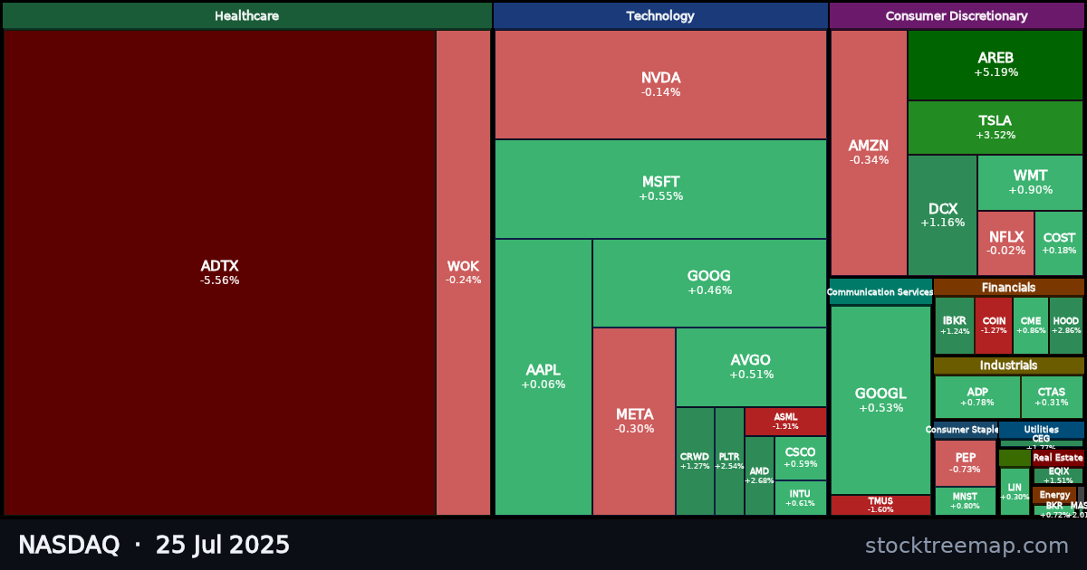 NASDAQ treemap for Friday, 25 July 2025: each company sized by market capitalisation and coloured by its move that day