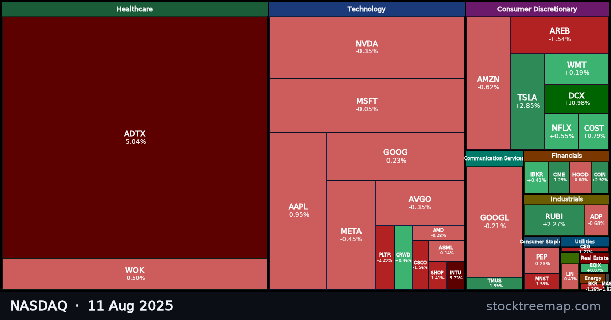 NASDAQ treemap for Monday, 11 August 2025: each company sized by market capitalisation and coloured by its move that day