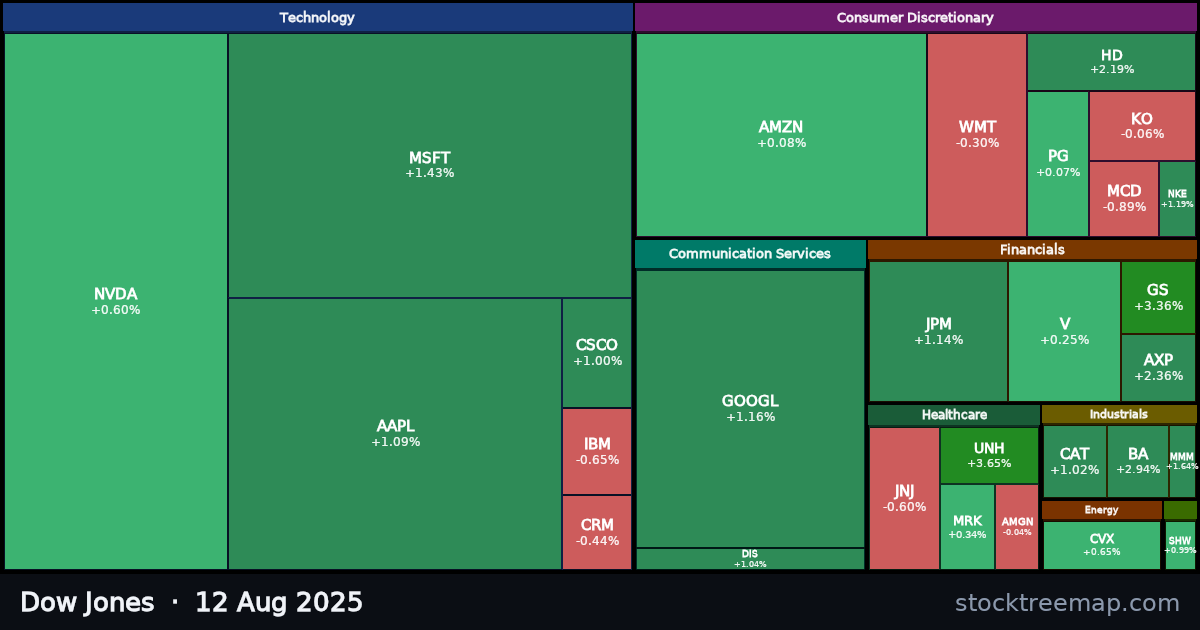 Dow Jones treemap for Tuesday, 12 August 2025: each company sized by market capitalisation and coloured by its move that day