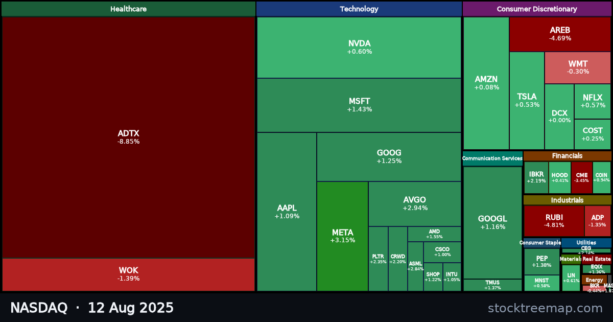 NASDAQ treemap for Tuesday, 12 August 2025: each company sized by market capitalisation and coloured by its move that day