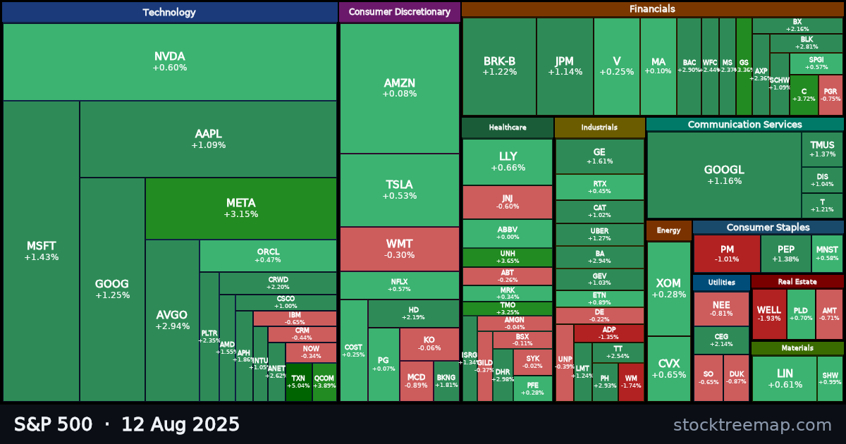 S&P 500 treemap for Tuesday, 12 August 2025: each company sized by market capitalisation and coloured by its move that day