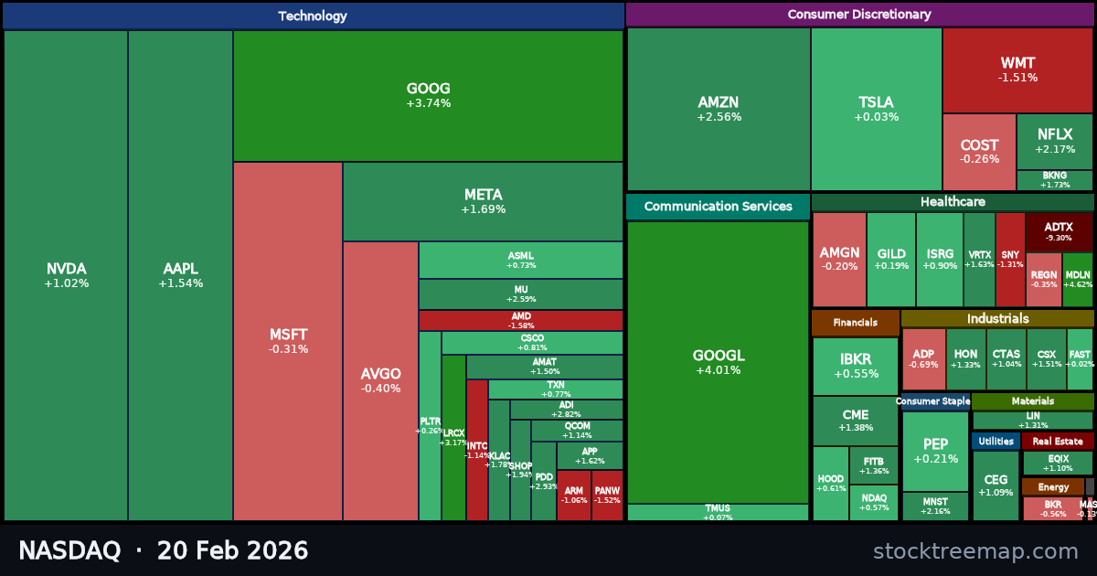 NASDAQ treemap for Friday, 20 February 2026: each company sized by market capitalisation and coloured by its move that day